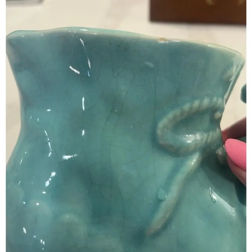 Vintage USA‎ Pottery Blue Ceramic Shoe With Dog Planter With Bow